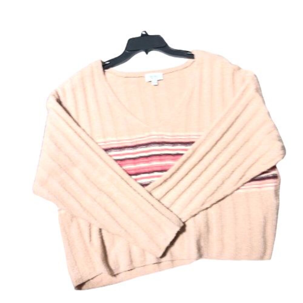 TRUE CRAFT Womens Striped Sweater Size 0X Cropped V-Neck Ribbed Pink